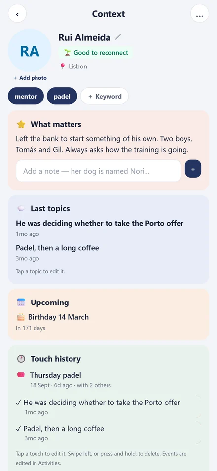 Person screen for Rui Almeida: what matters, last topics, upcoming birthday and touch history.